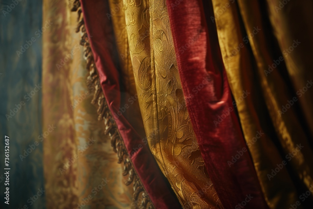 Aufkleber Close-up shot of a curtain with a beautiful gold and red pattern. Perfect for adding a touch of elegance and sophistication to any room decor