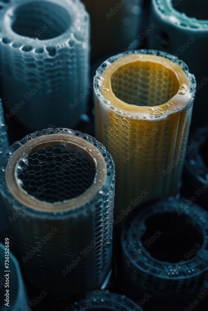 Poster A detailed close-up view of a collection of different types of pipes. This versatile image can be used to illustrate plumbing, construction, industrial processes, or engineering projects.