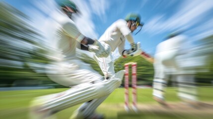 Cricket batsman in motion, playing, hitting ball with wooden bat. Outdoor summer activity, blurred motion