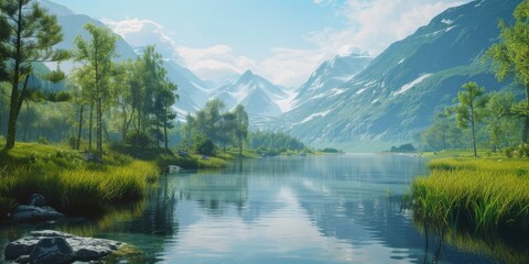 Fototapeta na wymiar A picturesque painting capturing the beauty of a tranquil lake nestled amidst towering mountains. Perfect for adding a touch of nature's serenity to any space.