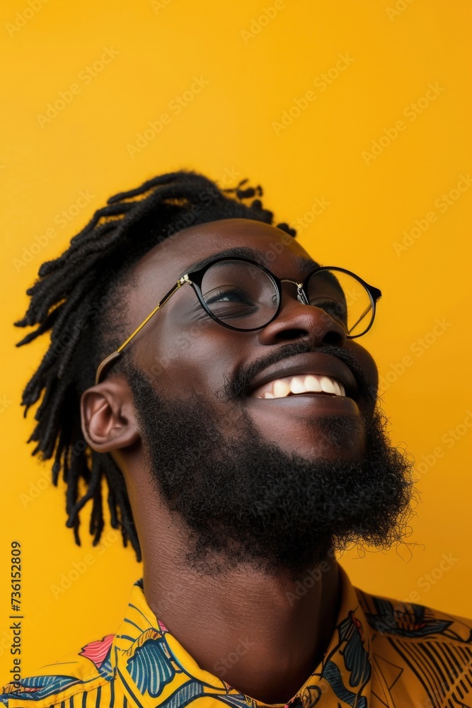 Poster a man with a beard and glasses smiling. suitable for various professional and casual contexts