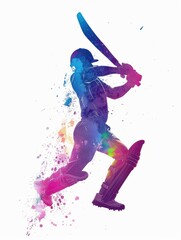Abstract silhouette of cricket batsman with colorful splash effect. Banner ads for websites and social media promoting cricket merchandise.