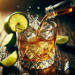 bottle of rum pouring liquid in a glass - obrazy, fototapety, plakaty