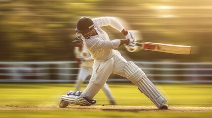 Cricket batsman in motion, playing, hitting ball with wooden bat. Outdoor summer activity, blurred motion