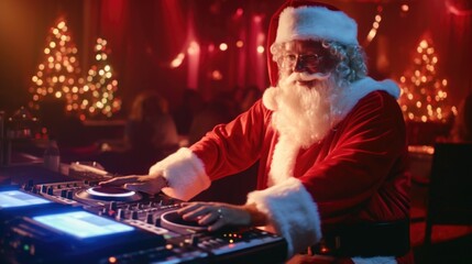 Fototapeta na wymiar A man dressed as Santa Claus playing as a DJ. Perfect for holiday parties and festive events