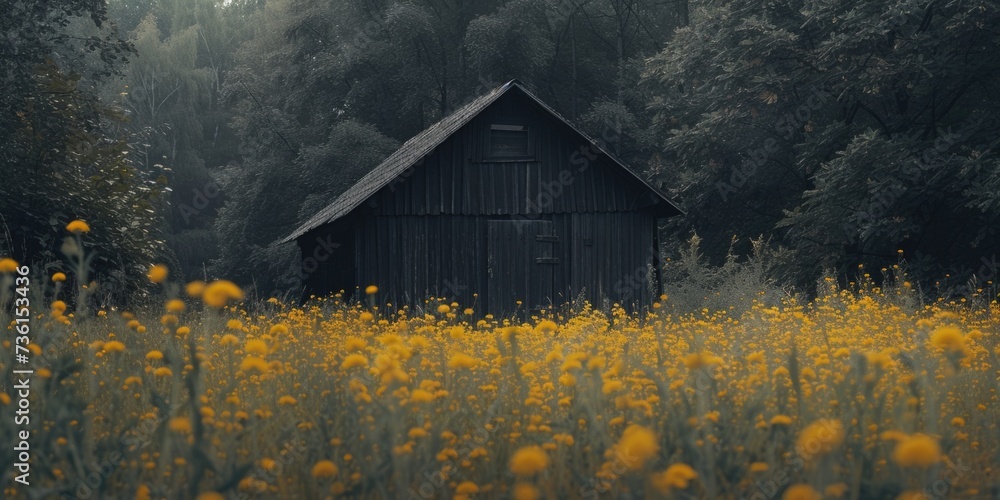 Poster a black barn standing in a field filled with vibrant yellow flowers. this image can be used to showc