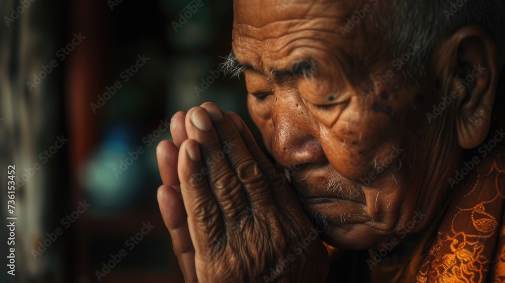 Poster an old man with a concerned expression clasps his hands together. this image can be used to depict w