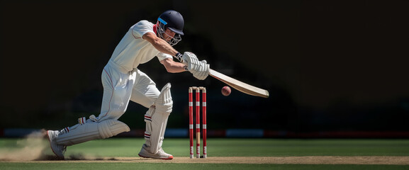 Cricket player in white uniform in motion, playing, hitting ball with bat on cricket field. - 736153454
