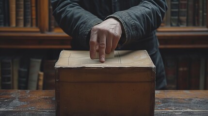 Brief description: A hand throwing a ballot into a ballot box against the backdrop of a light interior. Concept: Close-up of the election process. political voters