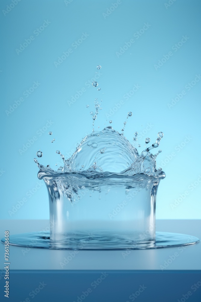 Poster A captivating image capturing a splash of water on top of a glass. Perfect for illustrating concepts related to refreshment, hydration, or thirst-quenching.