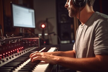 A man is shown wearing headphones and playing a keyboard. This image can be used for music-related...