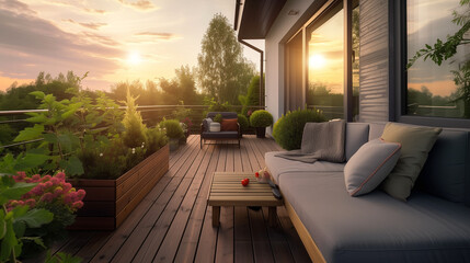 Obraz premium Warm Sunset Over Cozy Outdoor Patio with Ripe Tomato Plant, Wooden Deck, Contemporary Seating Area, Additional Greenery, Residential Property Atmosphere, Modern Garden Design, Balcony Relaxation Spot