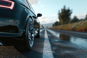 A close-up view of a car driving on a wet road. This image can be used to illustrate concepts such as driving in rainy conditions or the dangers of wet roads