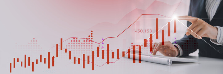 Rising Graph. Red growth diagram. Business man showing the highest point in a bar chart. Business...