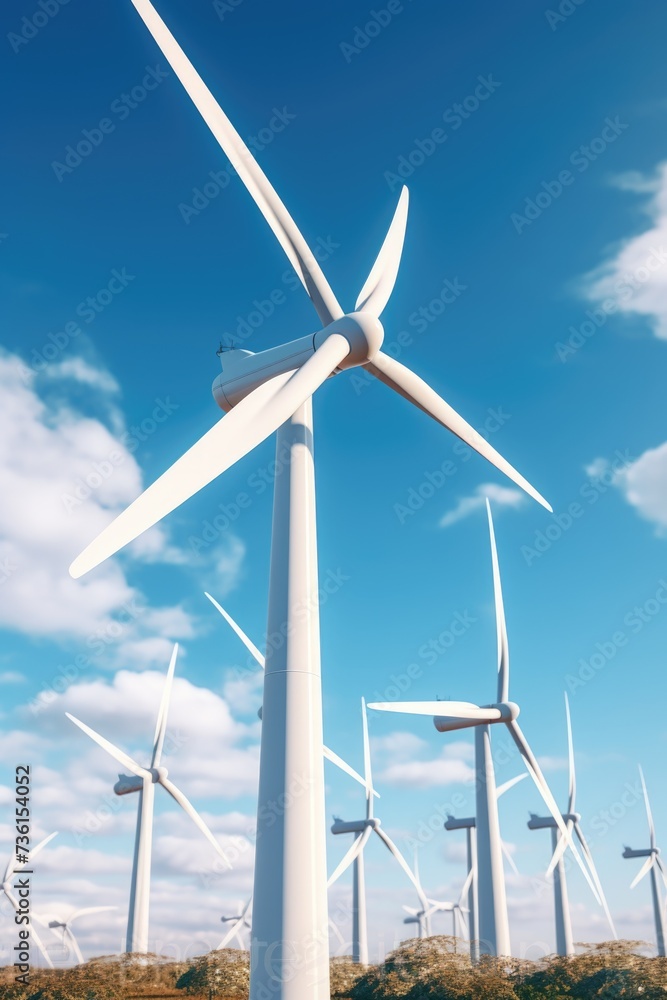 Poster a group of wind turbines standing tall in a field. perfect for illustrating renewable energy and sus