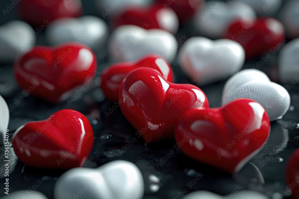 Poster a collection of red and white hearts arranged on a black surface. perfect for valentine's day or exp