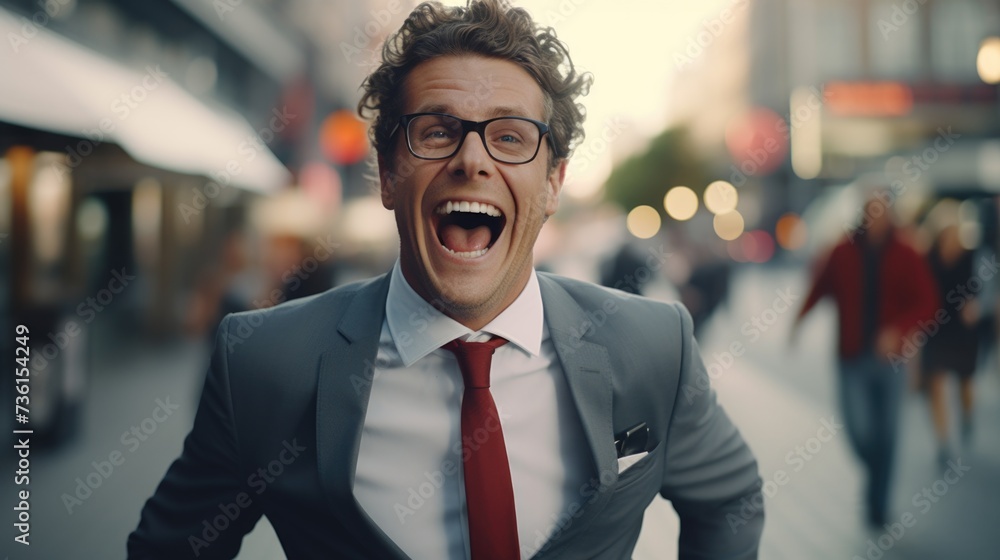 Poster A man dressed in a suit and tie is making a funny face. This image can be used to add humor or convey a light-hearted mood in various projects