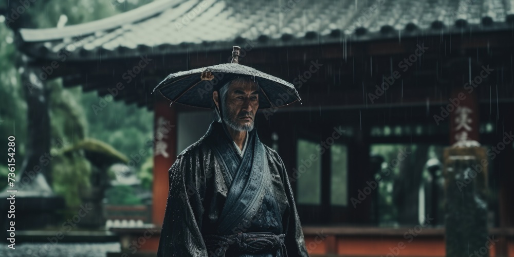Poster a man standing in the rain with an umbrella. suitable for weather-related designs and concepts