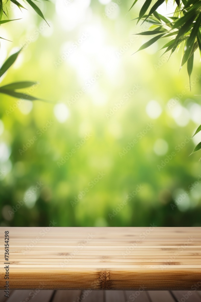Aufkleber A simple wooden table with a backdrop of beautiful bamboo leaves. Perfect for adding a touch of nature to any setting