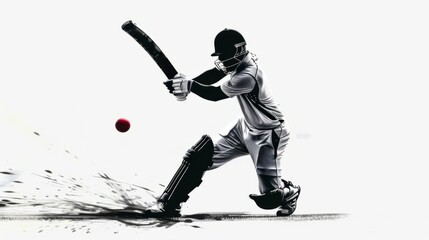 Monochrome silhouette of male cricket player in motion during game hitting colorful red ball with bat. Poster