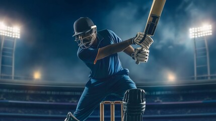 Concentrated competitive man, professional cricket player in motion during game on professional cricket stadium.