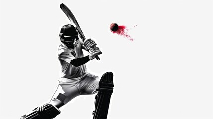 Monochrome silhouette of male cricket player in motion during game hitting colorful red ball with bat. Poster