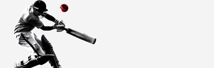 Monochrome silhouette of male cricket player in motion during game hitting colorful red ball with bat. Poster