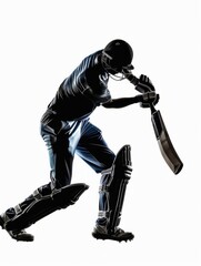 Silhouette of cricket batsman standing in pose during game against white background. Promotional posters for game event