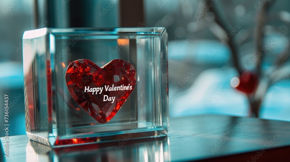 Poster a red heart is captured inside a glass block, with a message wishing a happy valentine's day. this i