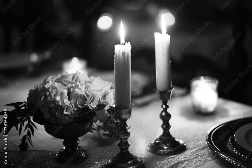 Poster a black and white photo of candles on a table. suitable for various occasions and settings