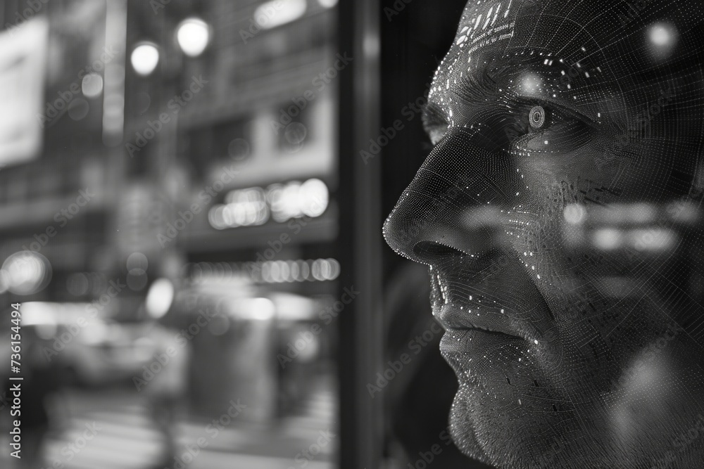 Poster a black and white photo of a man standing and gazing out of a window. this image can be used to depi