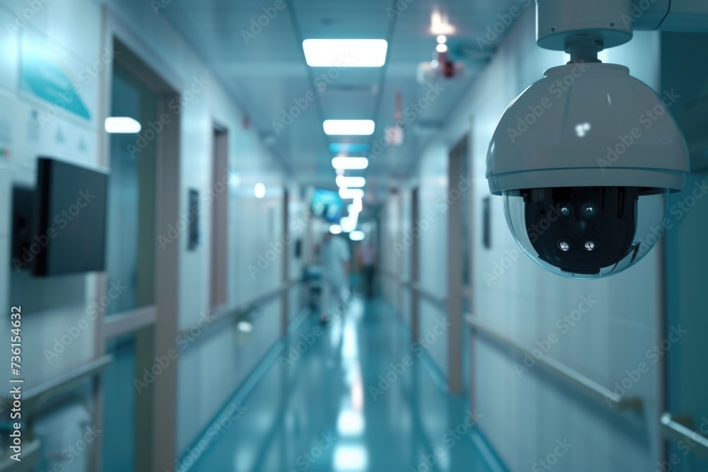 Poster a camera is mounted on the wall of a long hallway. suitable for surveillance or security concepts