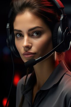 A woman wearing a headset and holding a microphone, ready for communication. Suitable for business, customer service, or podcasting concepts