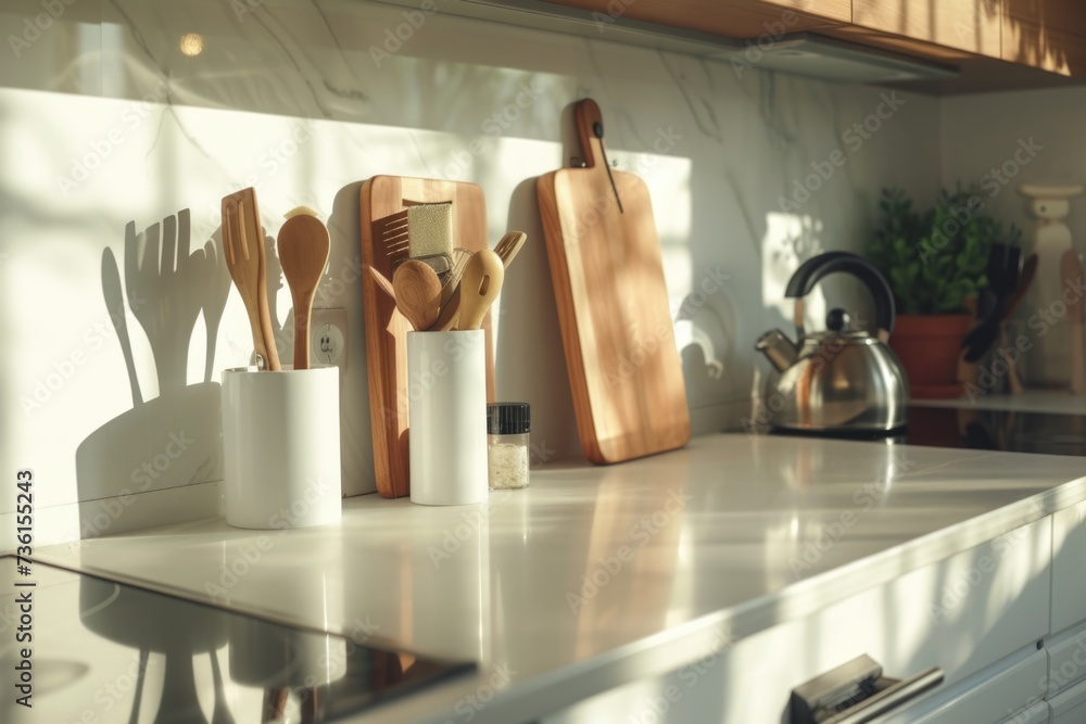 Poster kitchen counter displaying various utensils and cutting boards. ideal for food preparation and cooki
