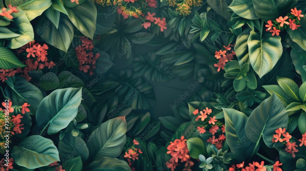Poster A group of green leaves and vibrant red flowers. Perfect for adding a touch of nature and color to any design