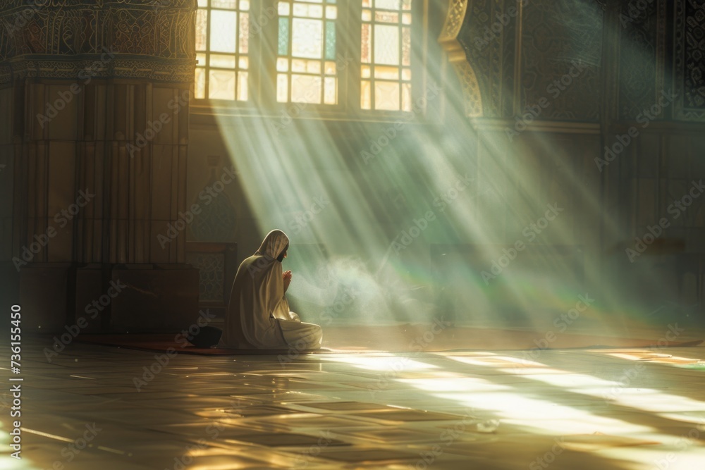 Poster a person sitting in a room with sunlight streaming through the windows. suitable for various uses