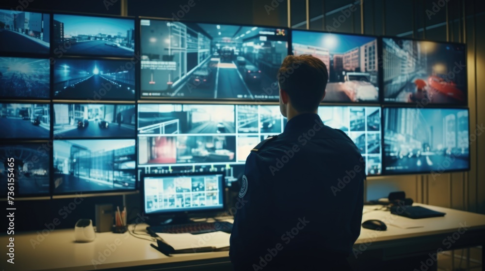 Leinwandbilder a man sitting at a desk in front of multiple monitors. can be used to depict a professional working 