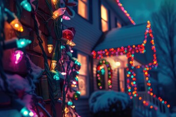 A charming snow-covered house decorated with colorful Christmas lights. Perfect for creating a cozy and festive atmosphere.