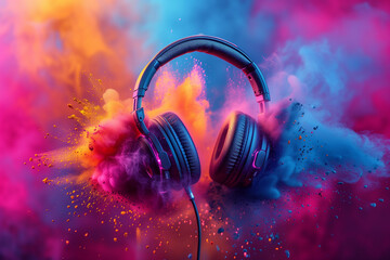 Celebrate World Music Day Vibrant Headset Headphones Amid Abstract Colorful Dust Background - obrazy, fototapety, plakaty