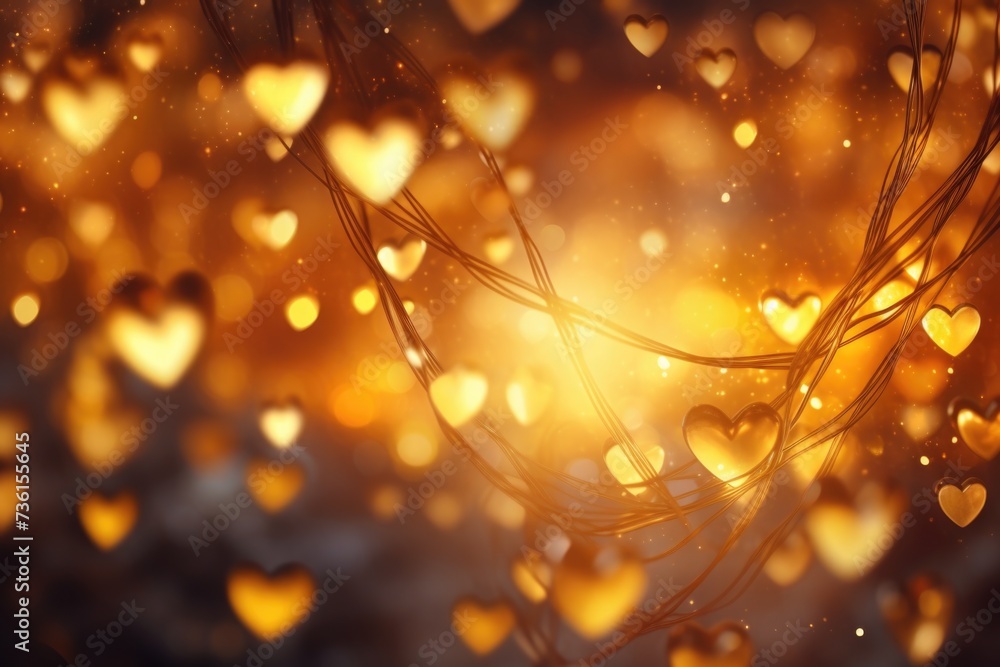 Poster a collection of golden hearts hanging delicately from a string. perfect for expressing love and affe