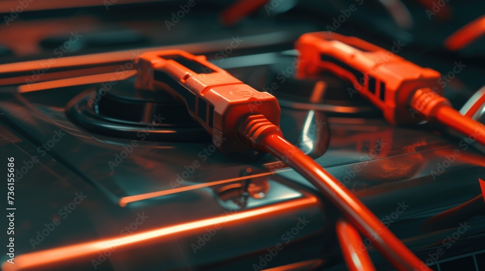 Poster A close up of a laptop with a cable connected to it. This image can be used to depict technology, connectivity, or working remotely