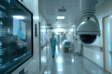 A hospital hallway with a monitor and a camera. Can be used to depict a medical setting or surveillance in a healthcare facility