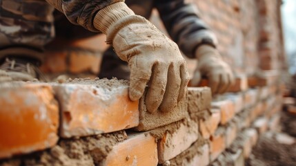 Skilled construction worker laying bricks at jobsite