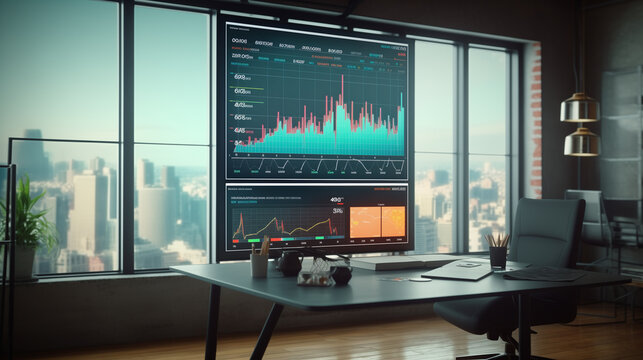 Business analysis graphs on large screens in the office, business growth statics, business data insights, per annum sales data visualization - Powered by Adobe
