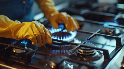 A person wearing yellow gloves is seen operating a gas stove. This image can be used to illustrate cooking, food preparation, or kitchen safety