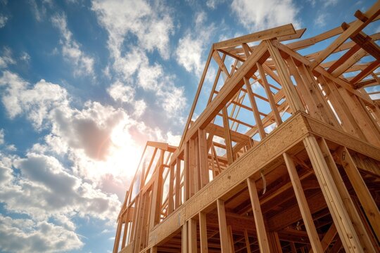 New Construction Home Framing: Building a House with Blue Sky Background