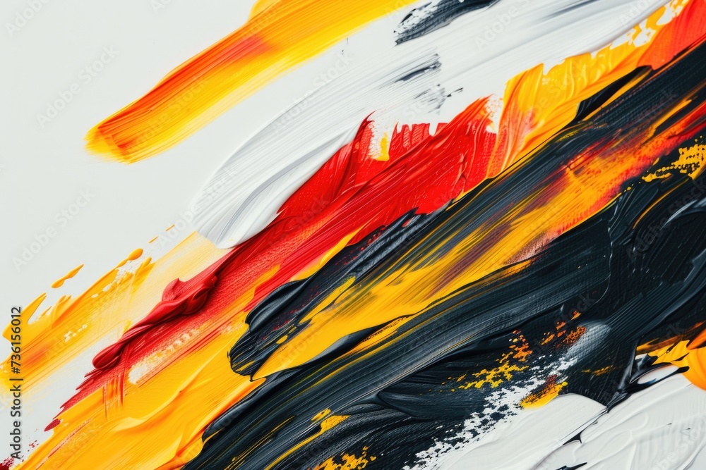 Poster a close up view of a painting featuring a bold brush stroke in red, yellow, and black. this abstract