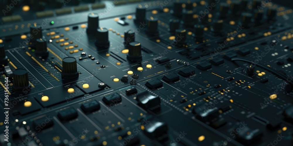 Aufkleber Close up view of a sound board with various knobs. This image can be used to illustrate audio mixing, sound engineering, or music production