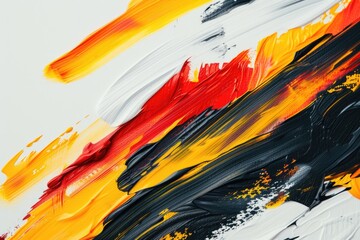 A close up view of a painting featuring a bold brush stroke in red, yellow, and black. This abstract artwork can add a vibrant and modern touch to any space