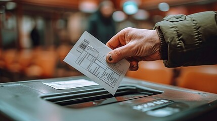 Brief description: A hand throwing a ballot into a ballot box against the backdrop of a light interior. Concept: Close-up of the election process. political voters